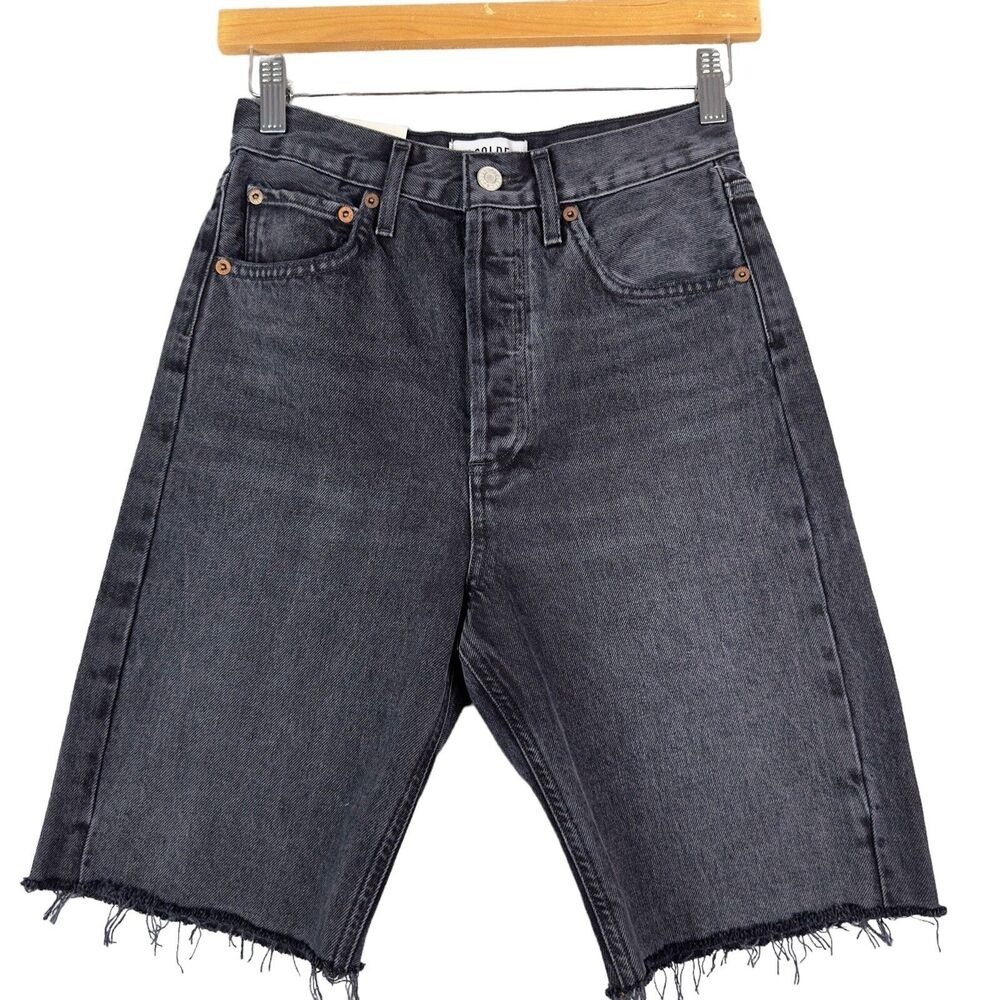 AGOLDE 90s‎ Mid Rise Loose Shorts 23 Black Denim Fallen Wash Raw Hem NWT